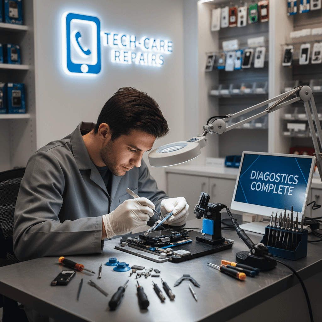 Technician performing mobile phone screen replacement repair