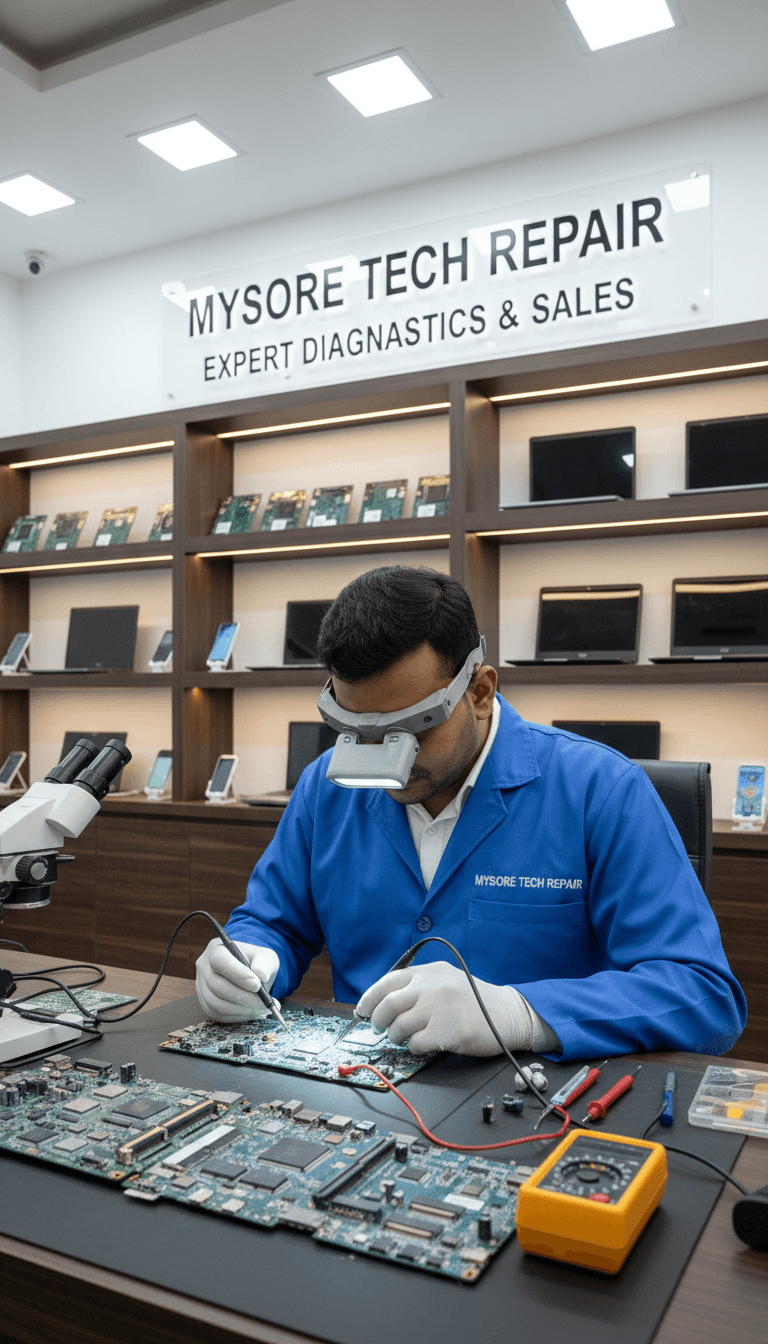 Expert technician diagnosing a laptop motherboard in a Mysuru tech shop.