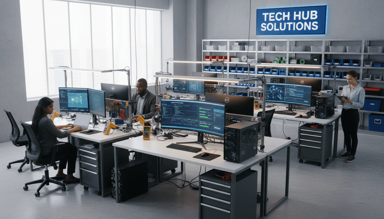 Professional tech repair shop workspace and equipment