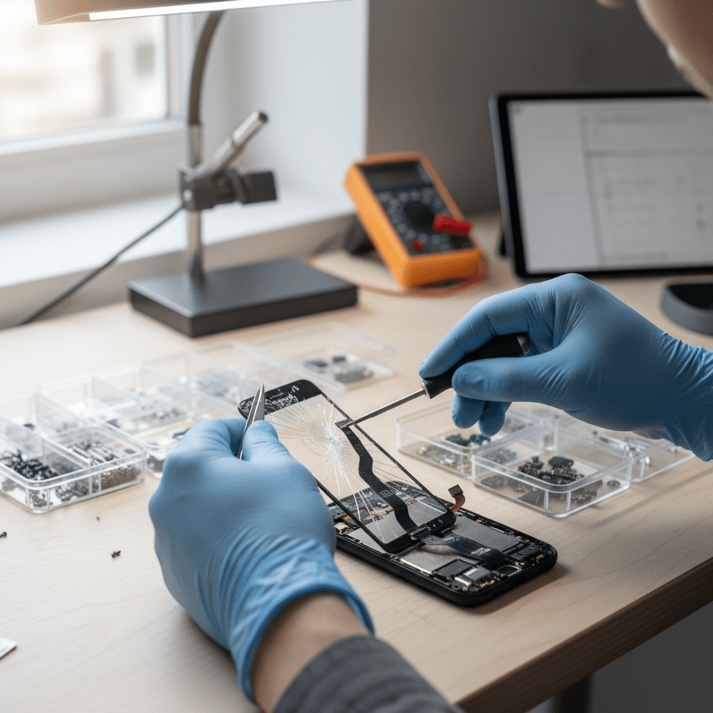 Expert technician repairing mobile phone screen at SHI NANJUDESHWARA ENT AND COMPUTER PARADIE