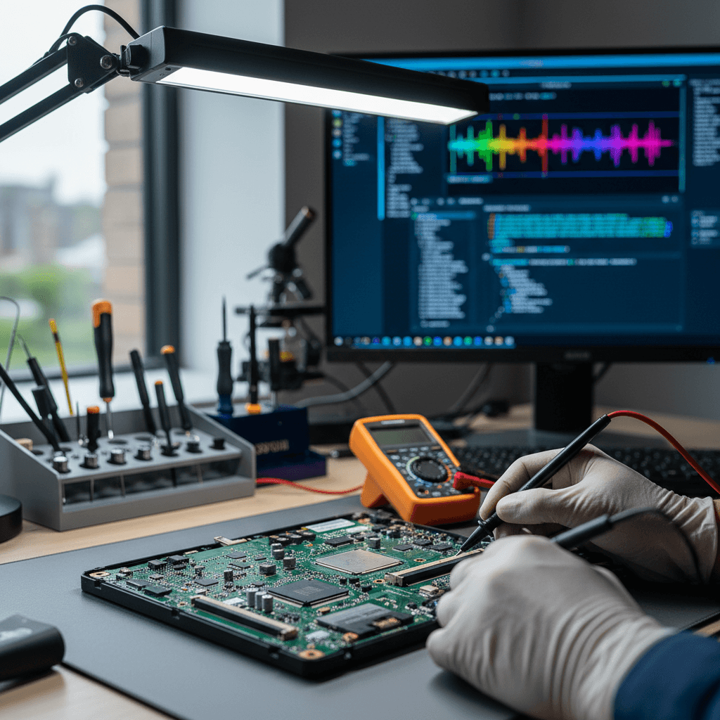 Expert technician performing laptop motherboard repair