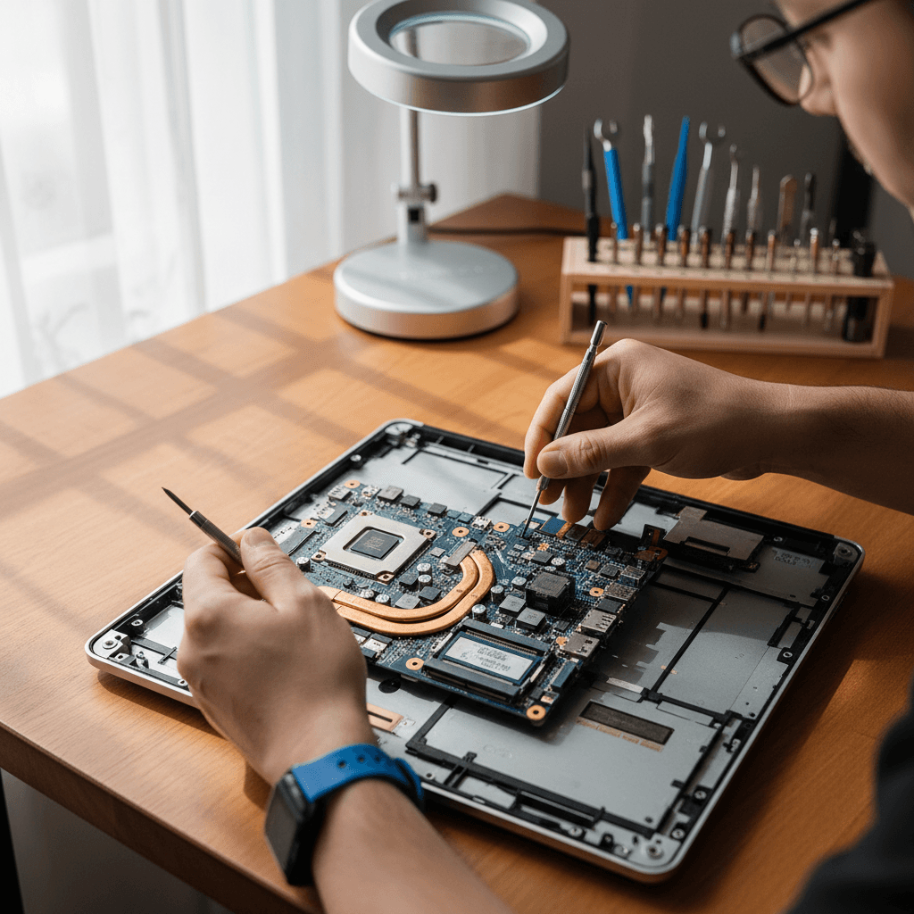 Expert technician performing detailed laptop repair at SHI NANJUDESHWARA ENT AND COMPUTER PARADIE